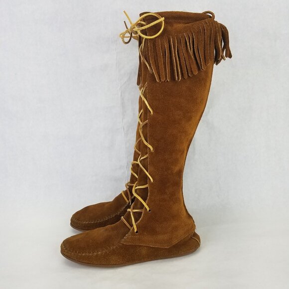 Minnetonka Knee High Boot Womens 7 Moccasins Fringe Front Lace Leather Brown USA - Picture 5 of 16